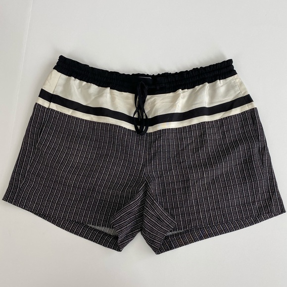 VINCE MIXED STRIPE PRINT SILK SHORTS, BLACK/IVORY - Picture 9 of 14